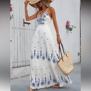 NEW - Elegant White and Blue Floral Maxi Dress